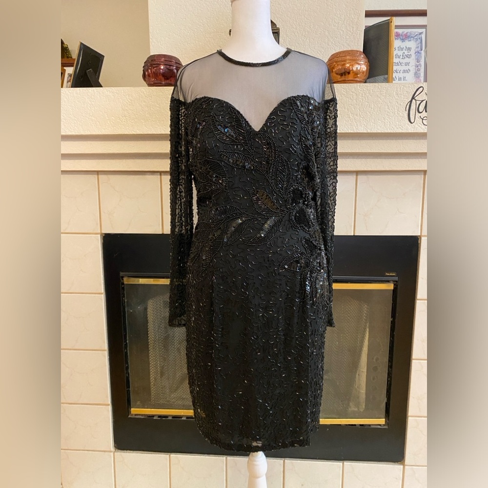 Jacqueline Ferrar Vintage Elegant Silk Beaded Mini Evening Dress, Black, Size 10